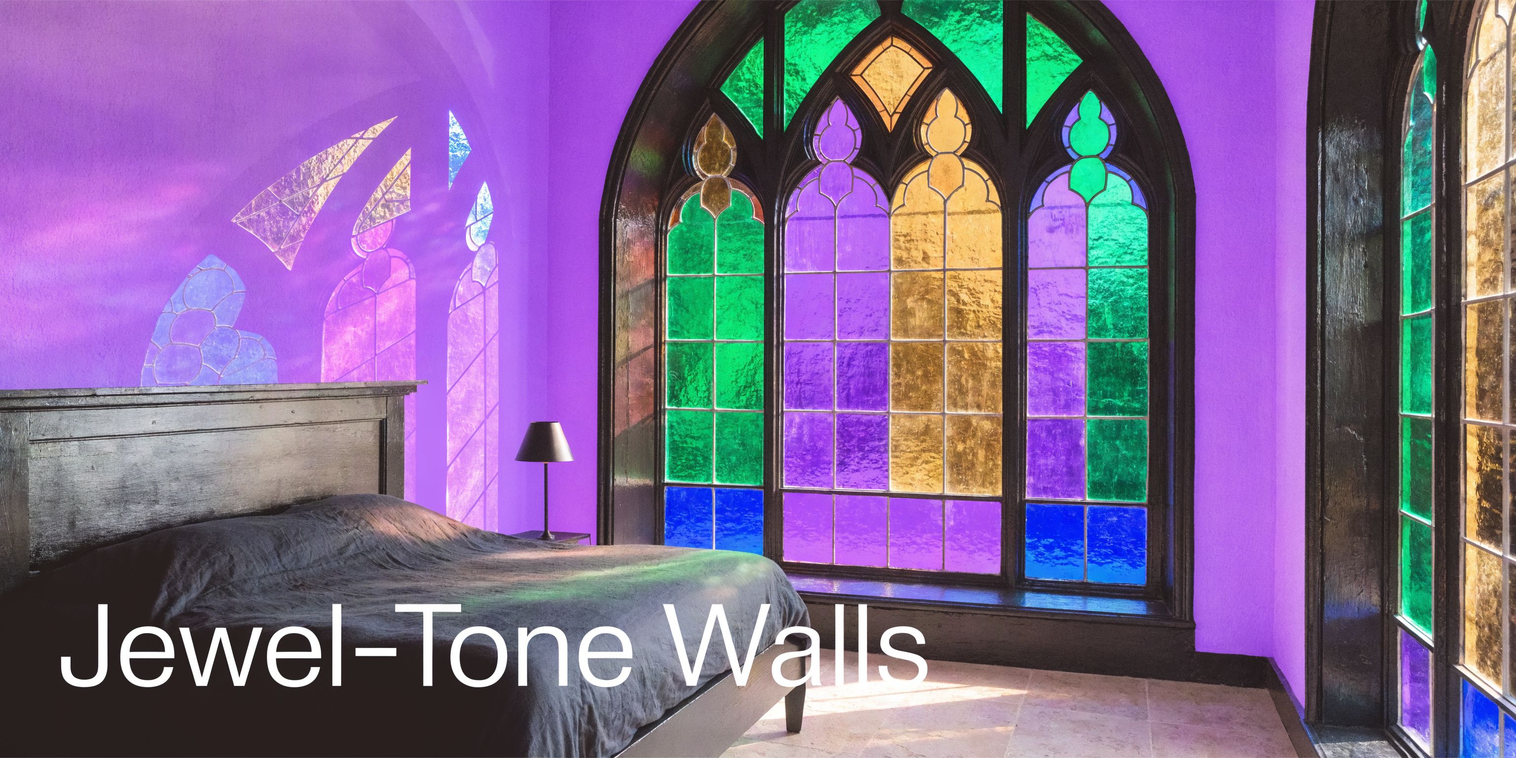 A luxurious bedroom featuring vibrant purple walls, a dark bed frame, and large ornate stained glass windows.