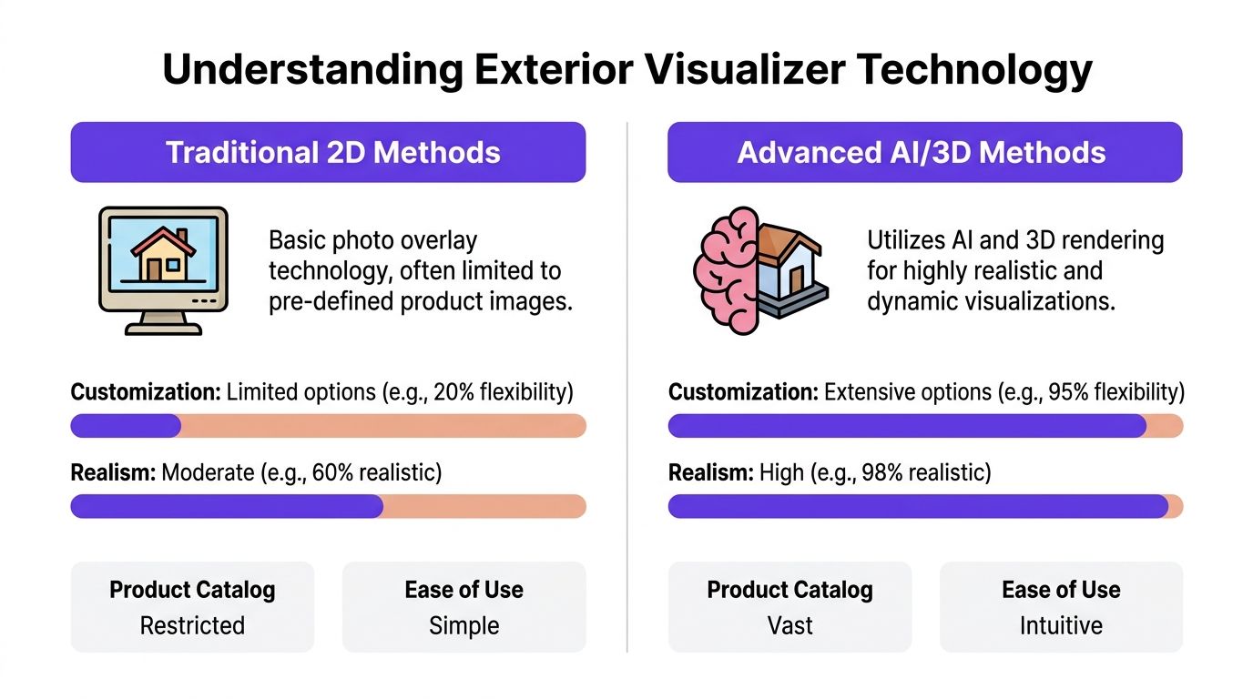 A comparison chart showing the differences between traditional 2D home exterior visualizer tools and advanced AI 3D rendering methods.