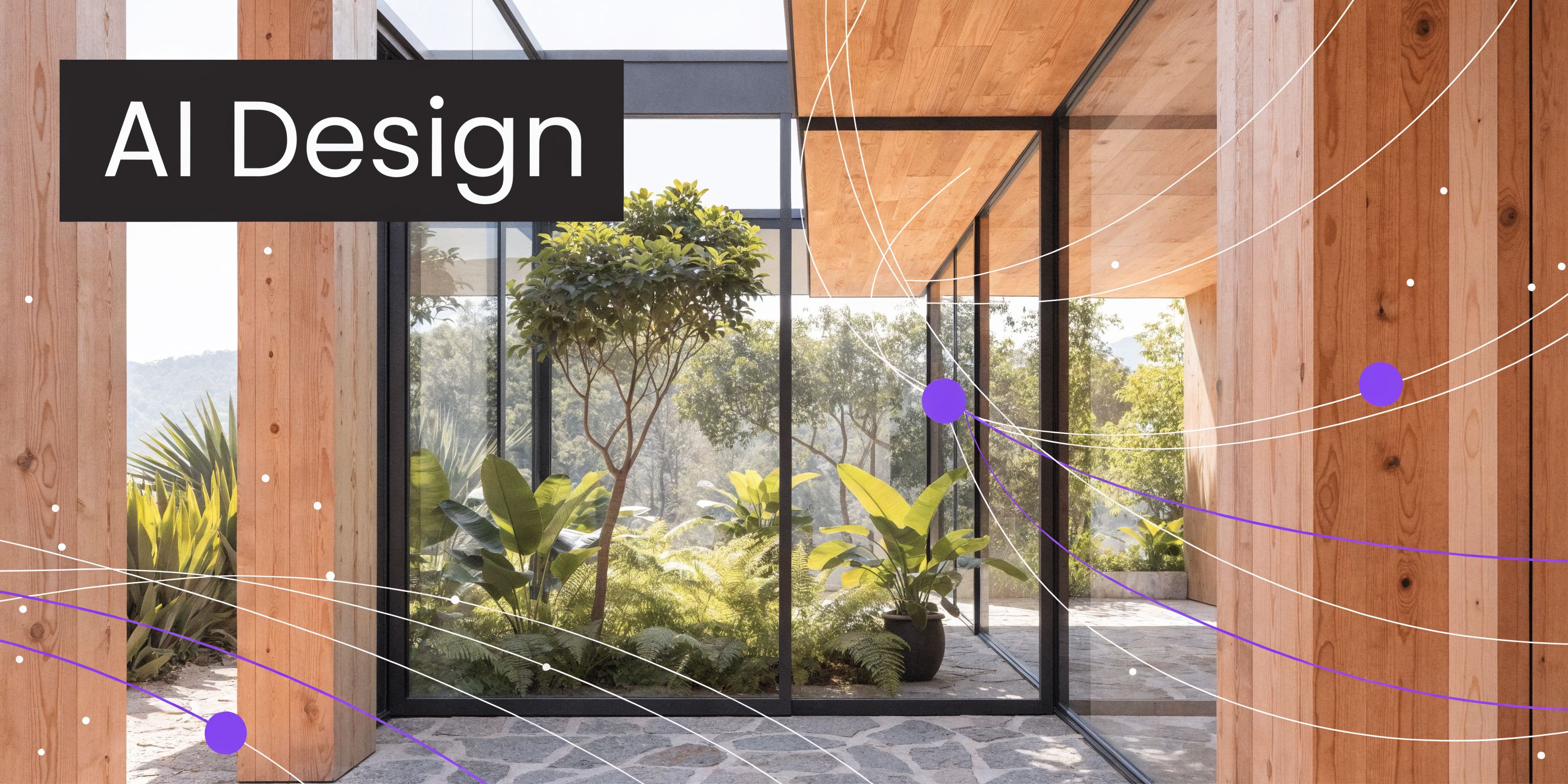 A modern home exterior with wooden beams, glass walls, and lush indoor tropical plants reflecting nature.