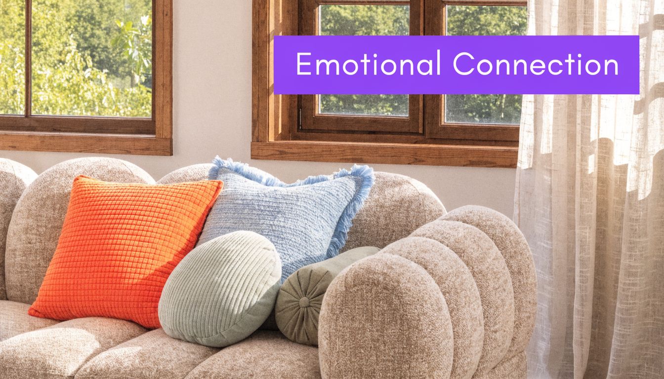 A modern beige sofa adorned with vibrant orange, blue, and sage green throw pillows in a sunlit room.