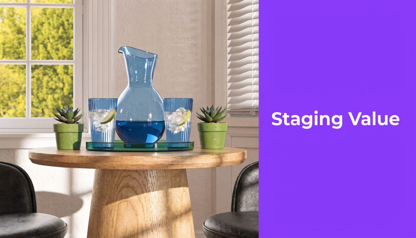 A modern wooden table with a blue pitcher and two glasses of water, decorated with small succulents.
