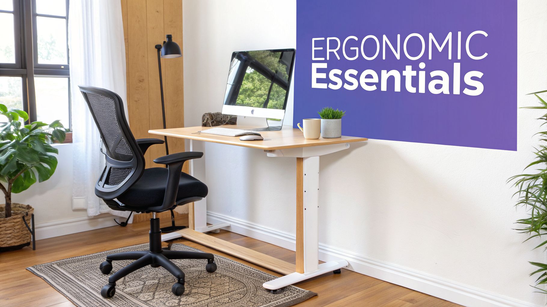 An ergonomic home office features a standing desk, black mesh chair, computer, and green plants.