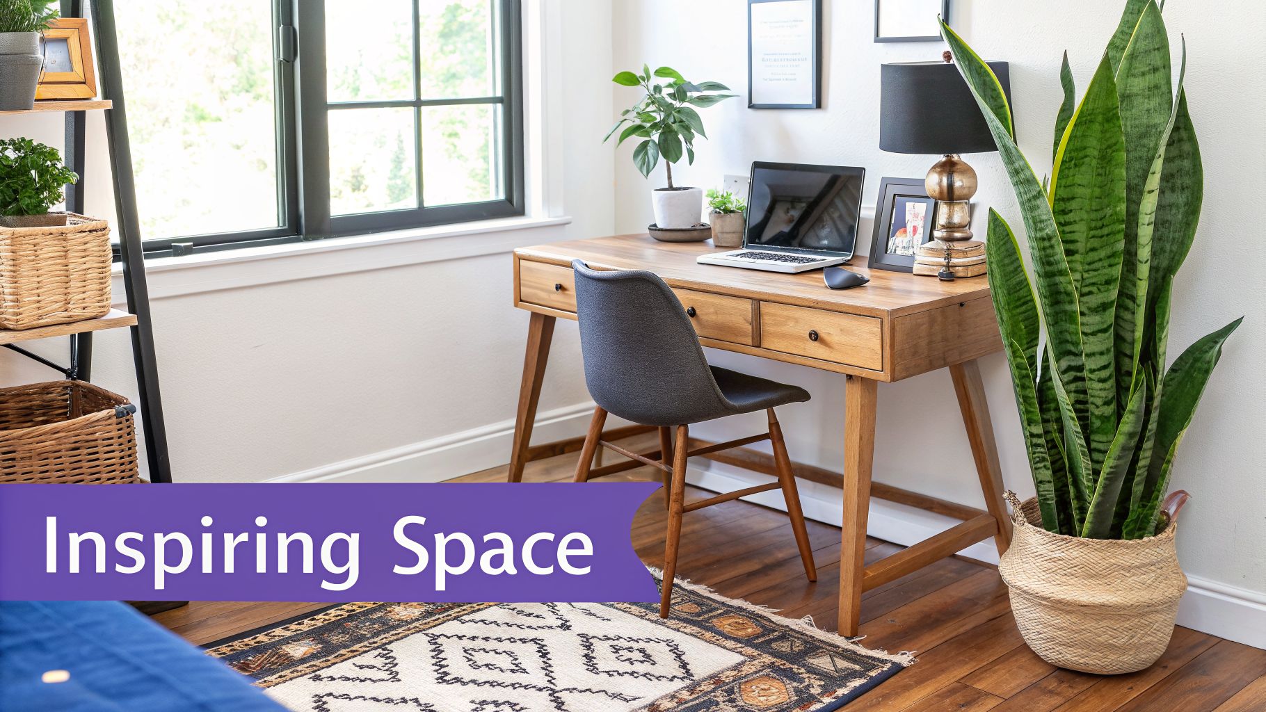 A bright and inviting home office featuring a wooden desk, laptop, grey chair, and various green plants, bathed in natural light.