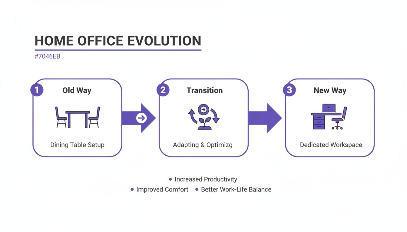 Infographic showing the evolution of home office setups from dining tables to dedicated workspaces, highlighting benefits.