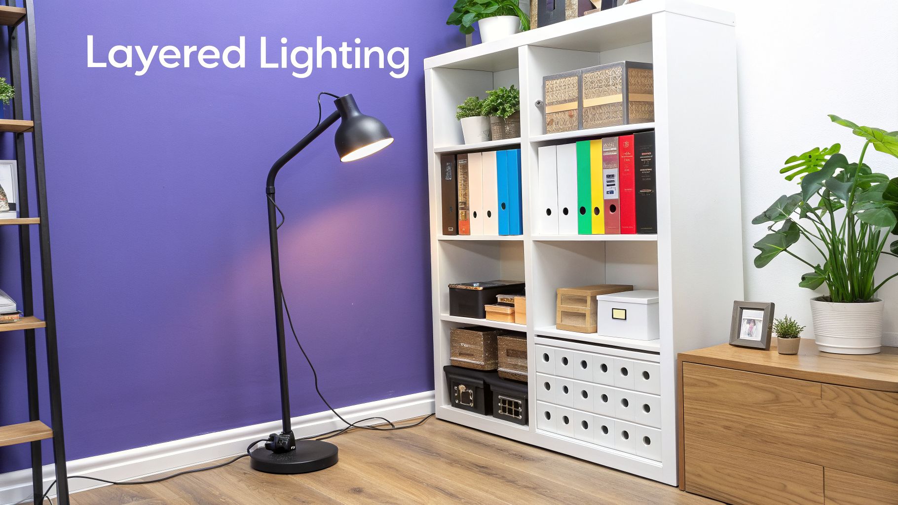 A modern home office featuring a floor lamp, white bookshelf, and plants against a purple wall.