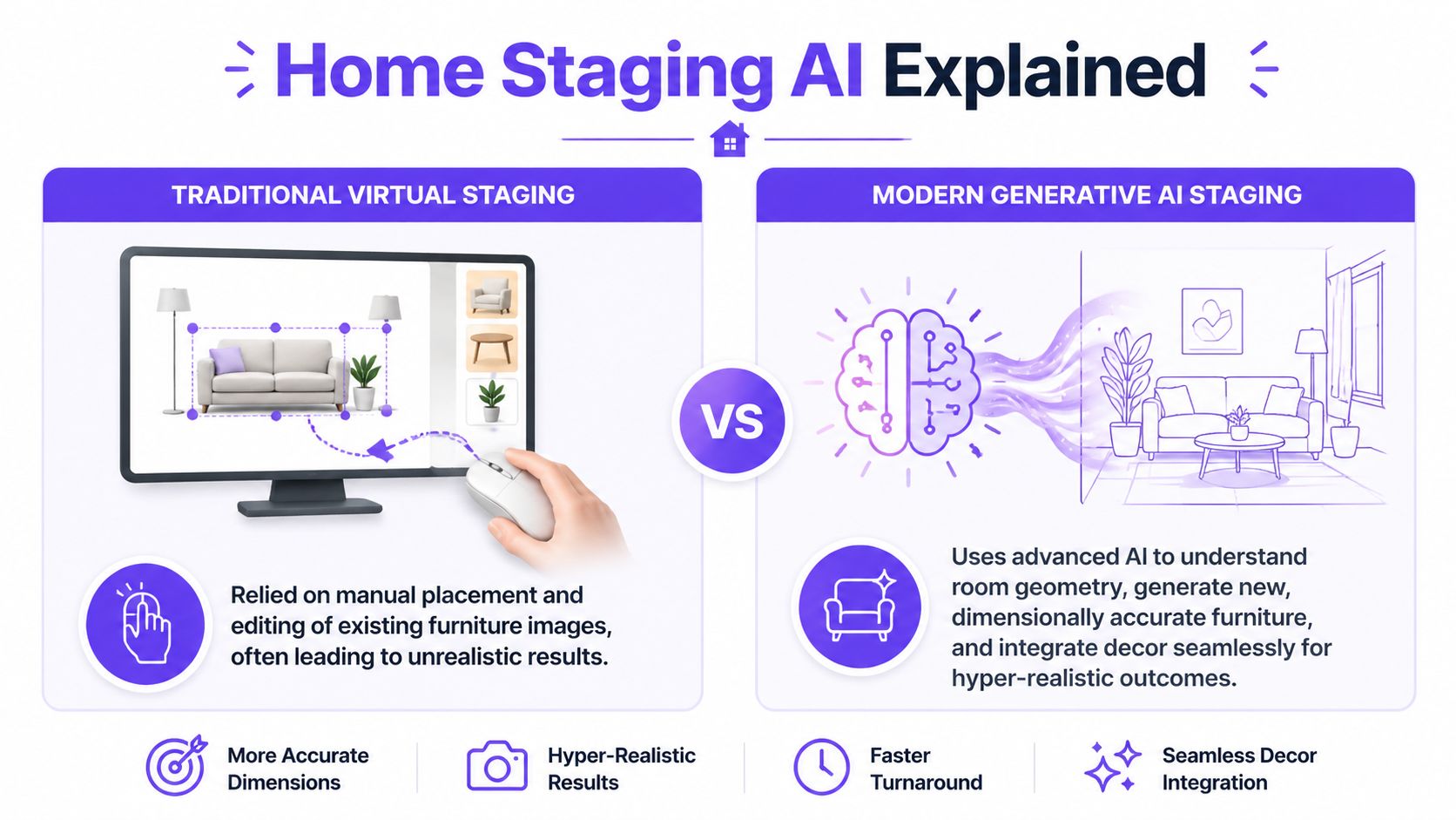 A comparison graphic showing traditional virtual staging versus modern generative AI staging for real estate marketing.