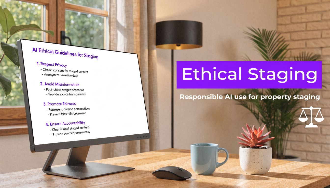 A computer monitor displaying AI ethical guidelines for responsible property staging on a desk in a bright office.