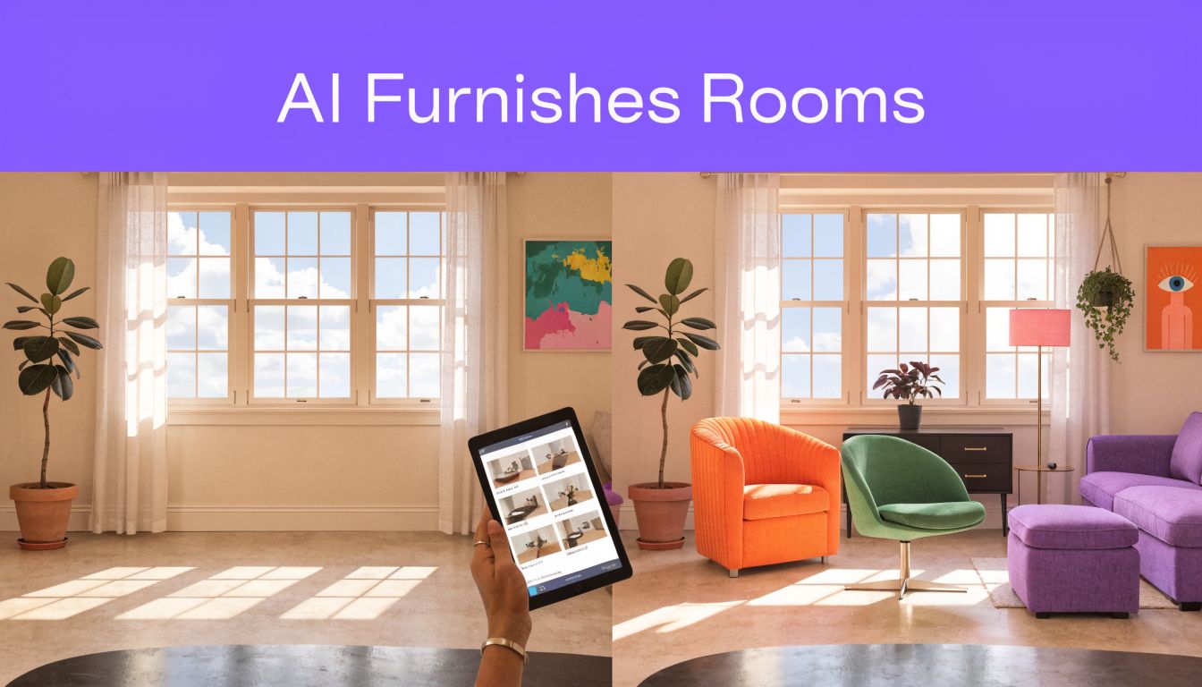 A split image showing an empty room being virtually furnished using an AI tablet application.