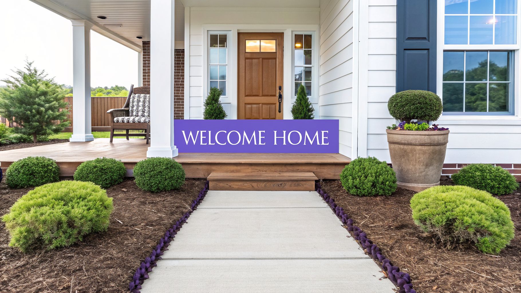 A beautifully staged home entrance with a "WELCOME HOME" banner, lush landscaping, and inviting porch.