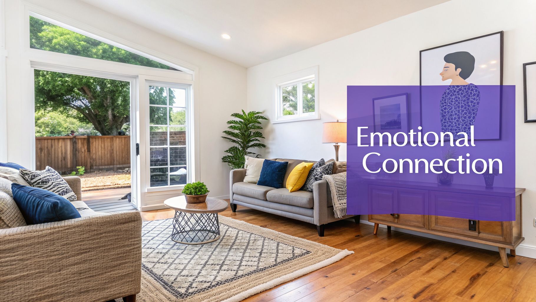 A bright, modern living room with two couches, a coffee table, and a glass door to a backyard.
