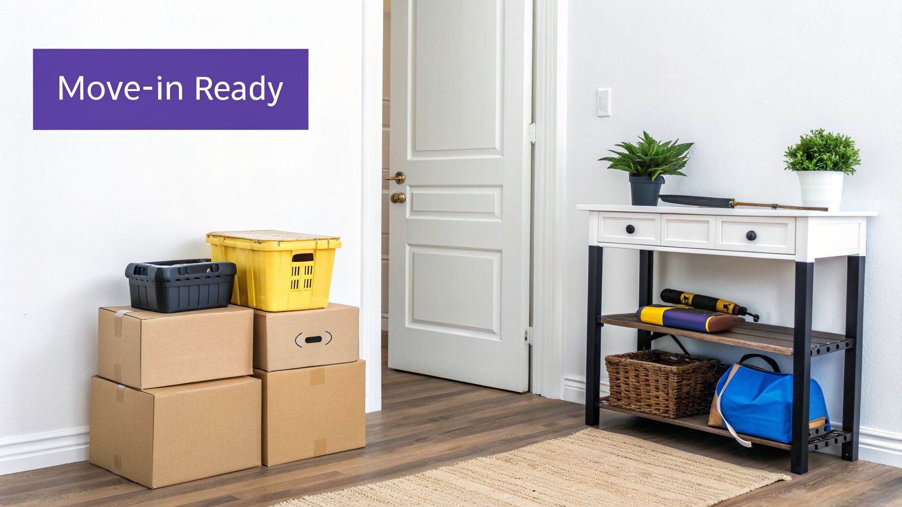 A bright entryway with moving boxes, an open door, and a console table, indicating a move-in ready home.
