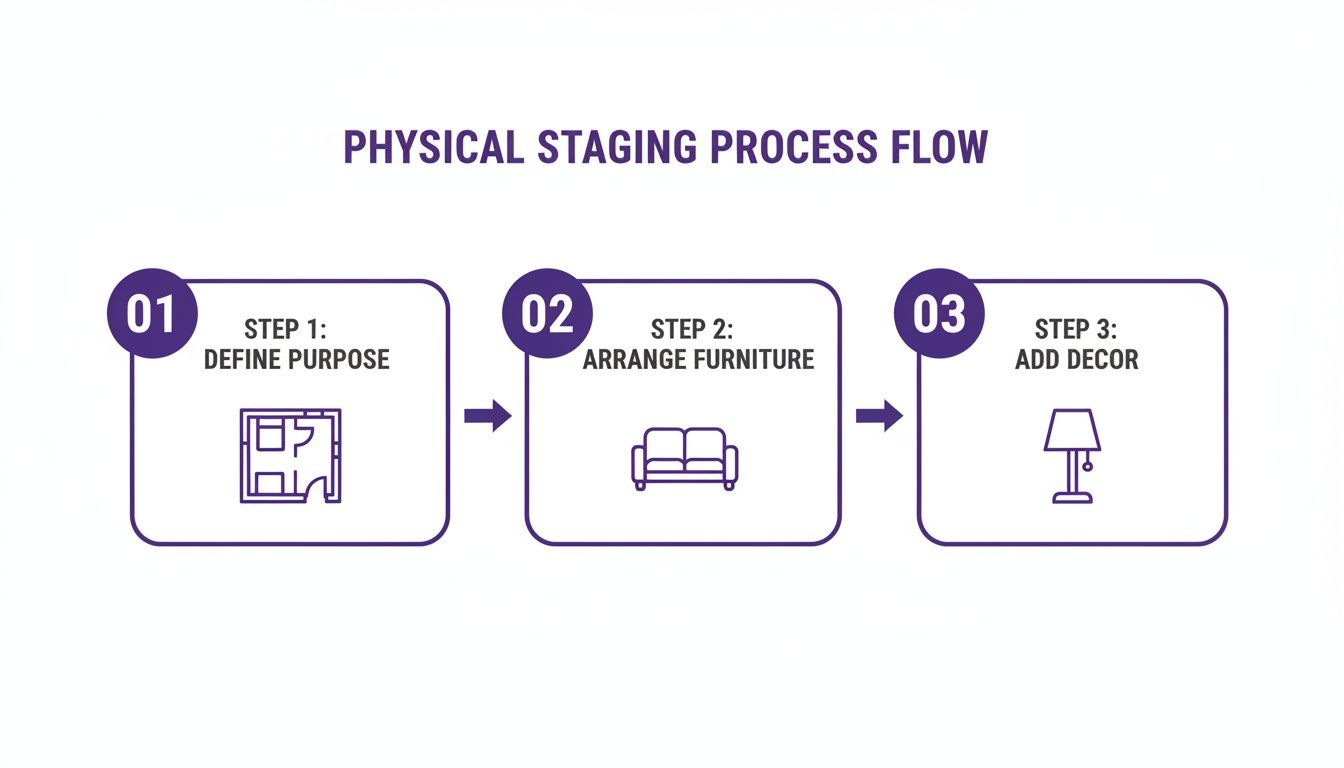 A three-step physical home staging process flow diagram detailing defining purpose, arranging furniture, and adding decor.