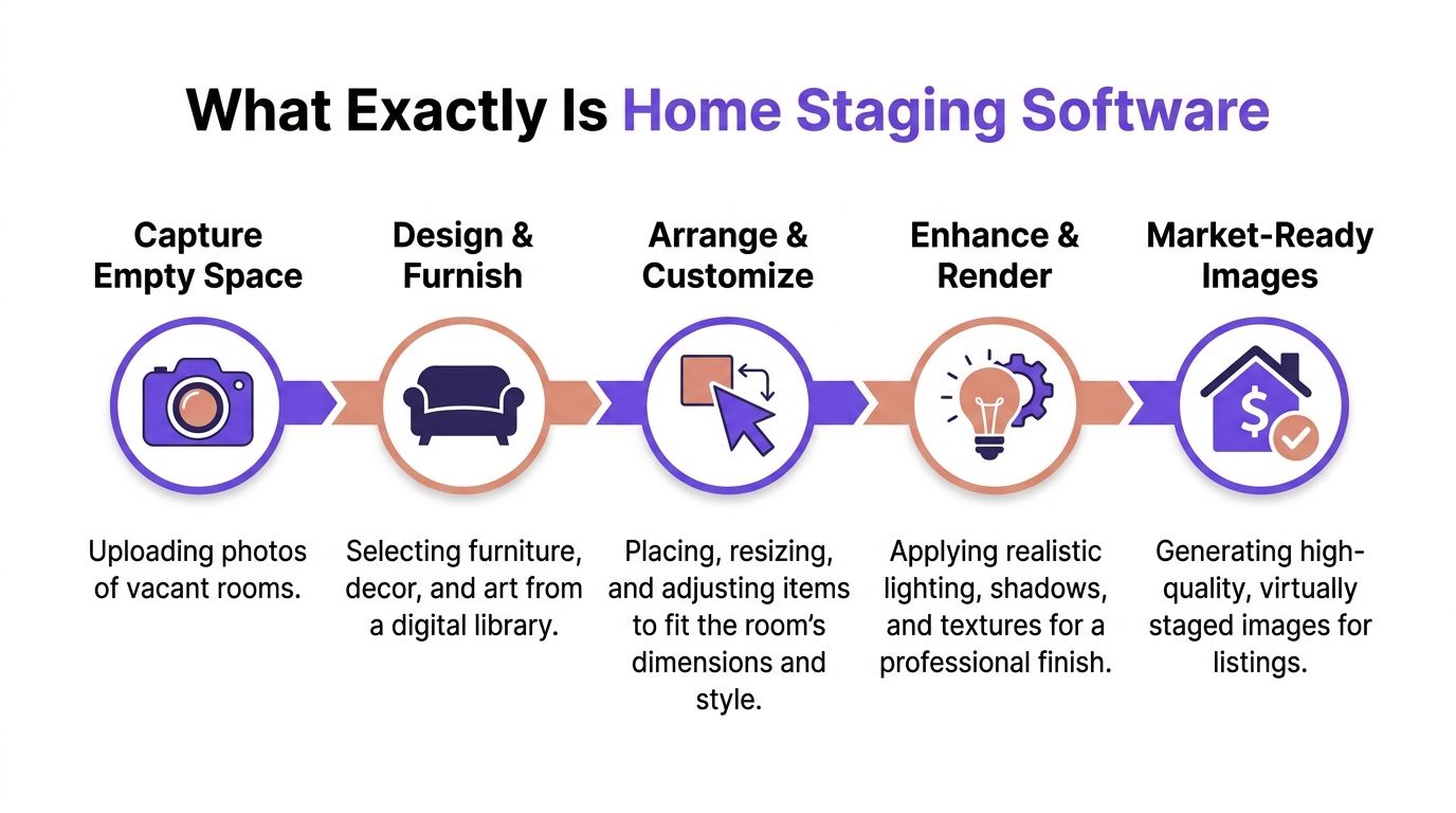 An infographic illustrating the five-step process of using professional home staging software for real estate listing images.
