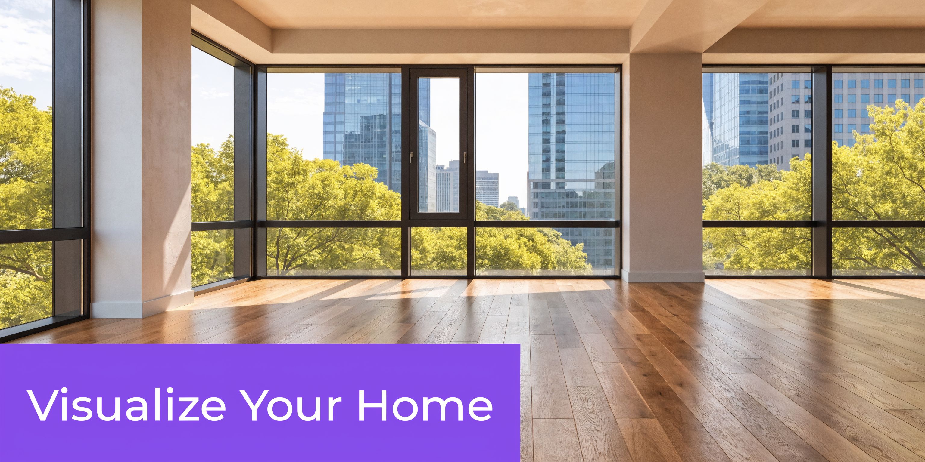 A modern, empty living room with hardwood floors and large windows overlooking city buildings and lush trees.