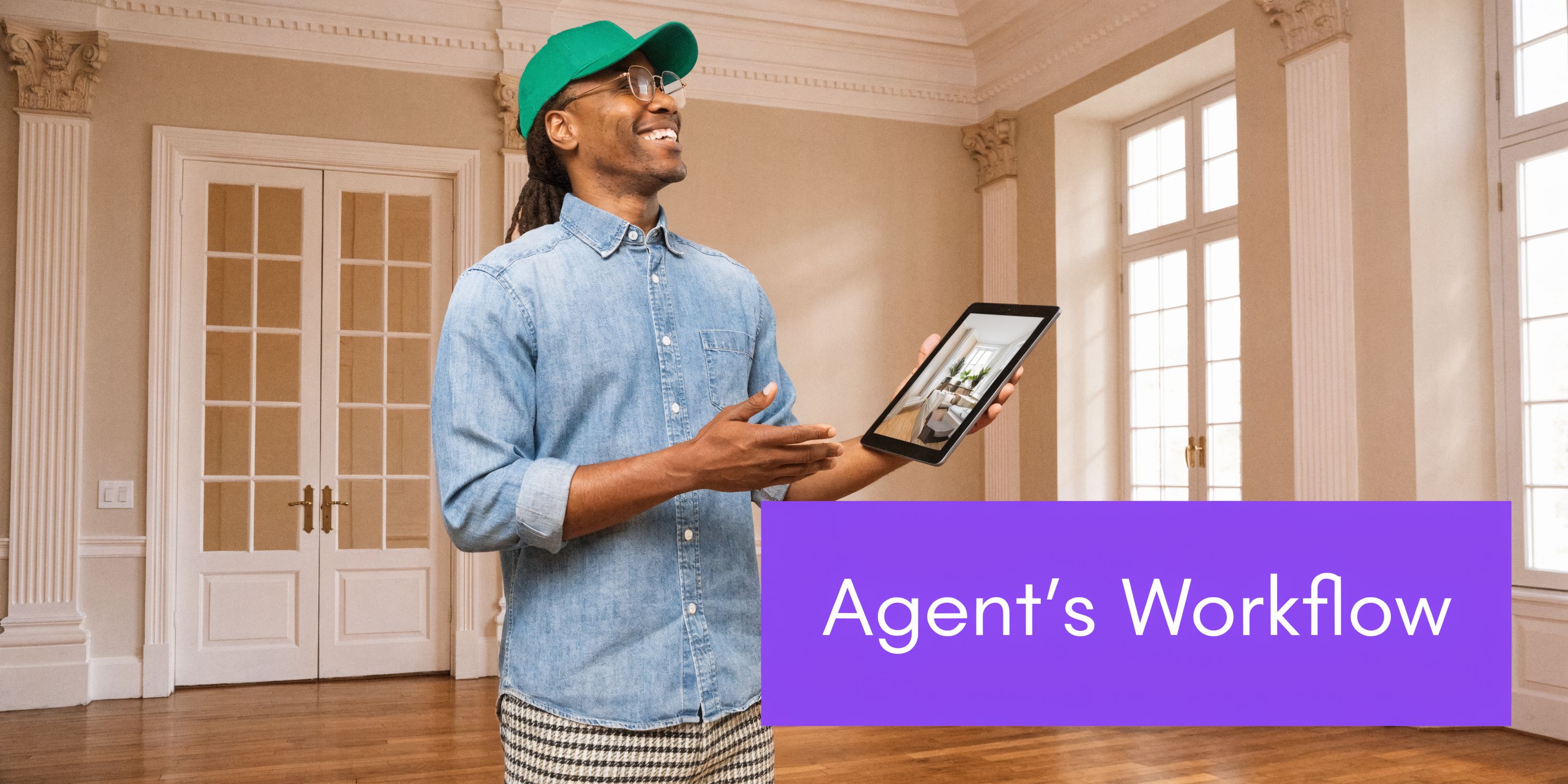 A real estate agent smiling while holding a digital tablet showcasing a virtual home staging interior design.