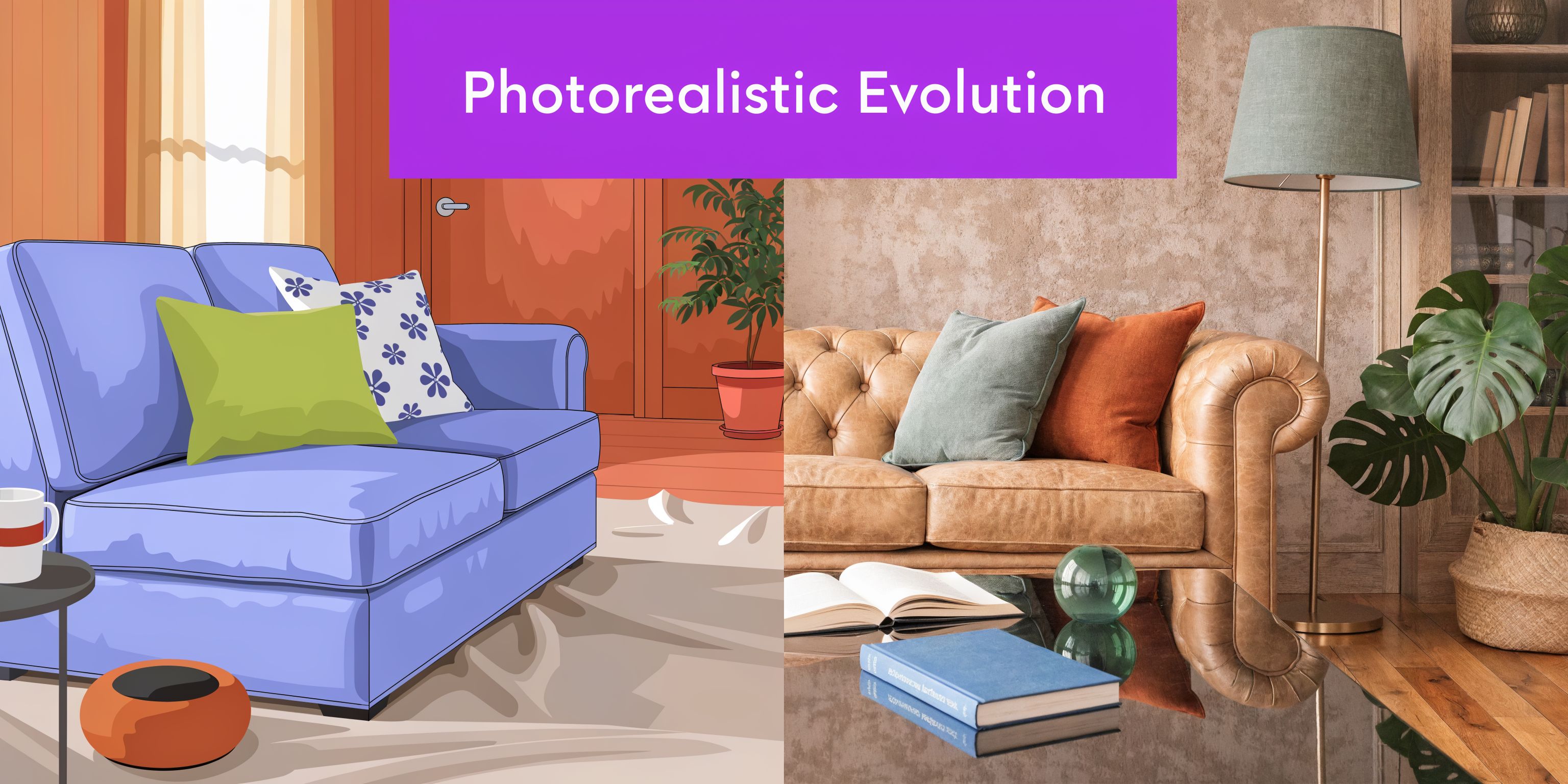 A split screen comparing a 2D animated illustration and a realistic 3D render of a living room.
