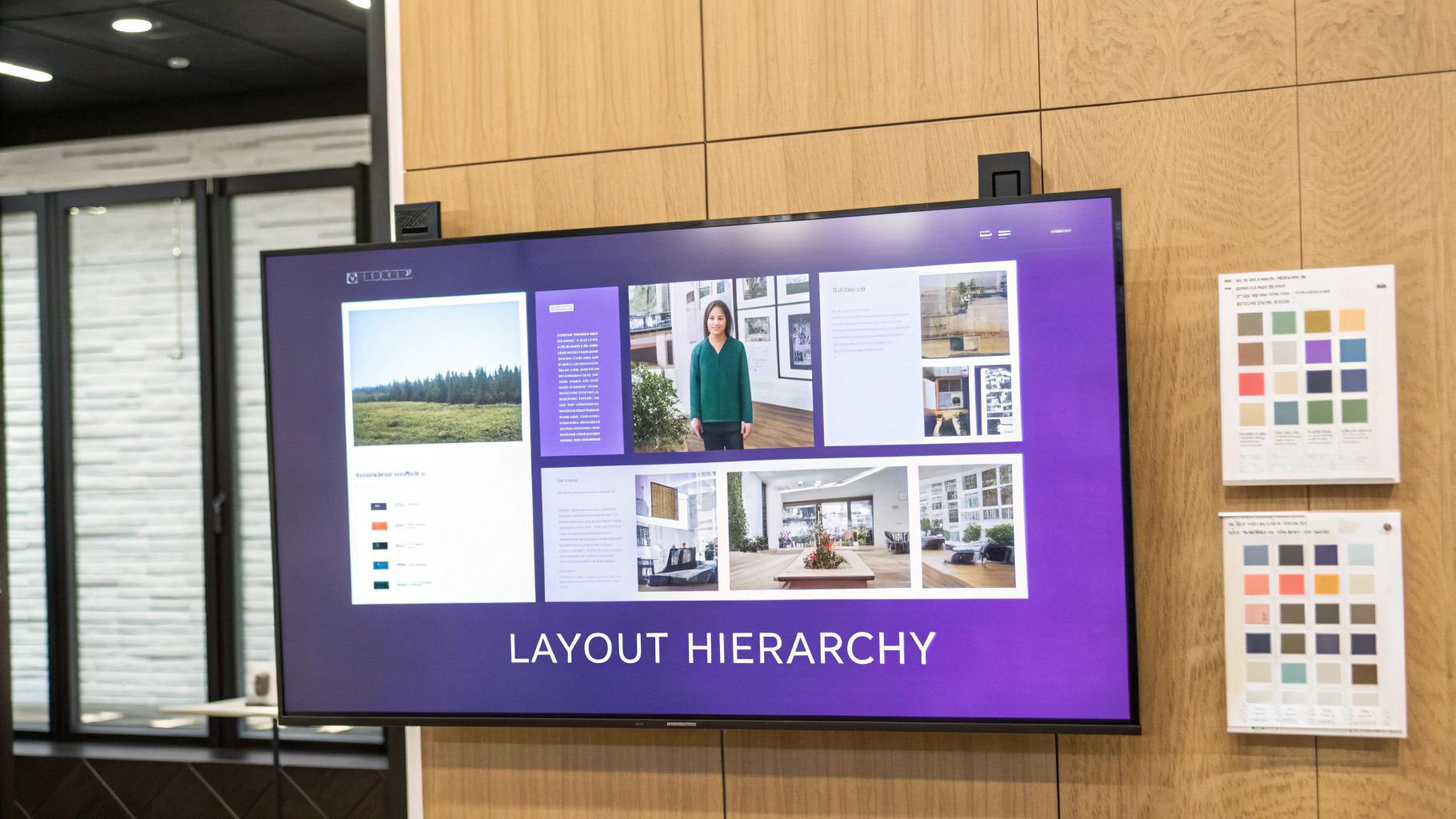 Large display screen presenting 'LAYOUT HIERARCHY' with various images and text, next to color swatches.