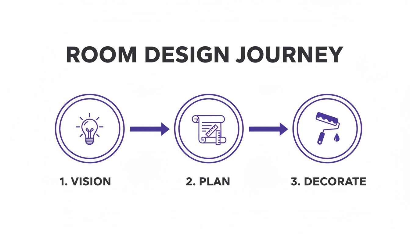 Infographic illustrating the three-step room design journey: vision, plan, and decorate, with icons for each stage.