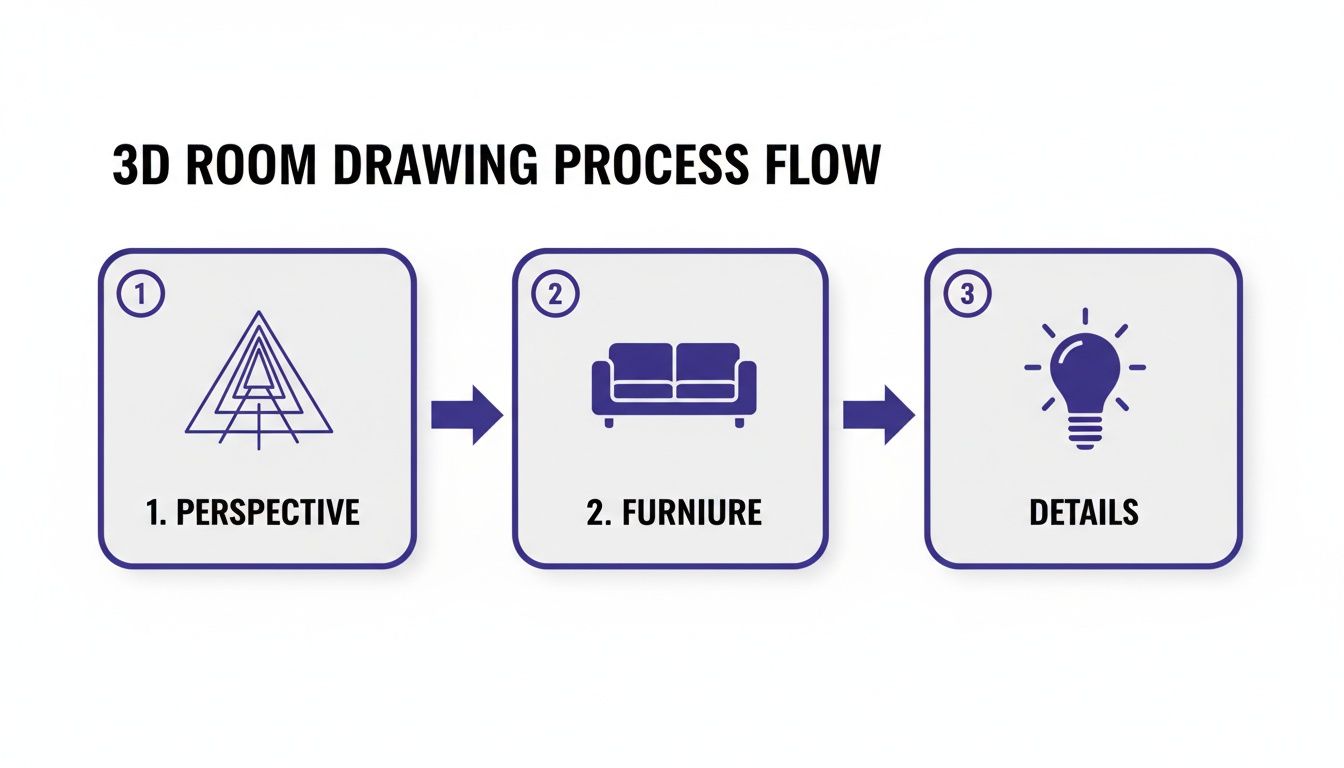 Flow chart illustrating the three steps of 3D room drawing: perspective, furniture, and details.