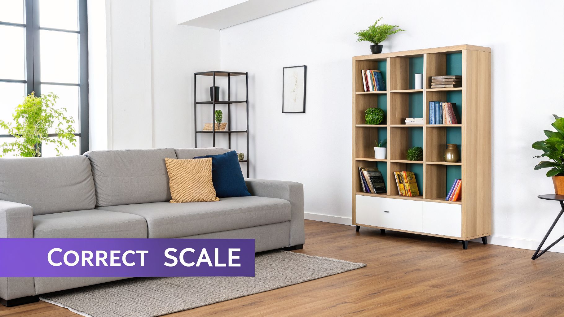 A bright and modern living room featuring a grey sofa, a wooden bookcase, and green plants.
