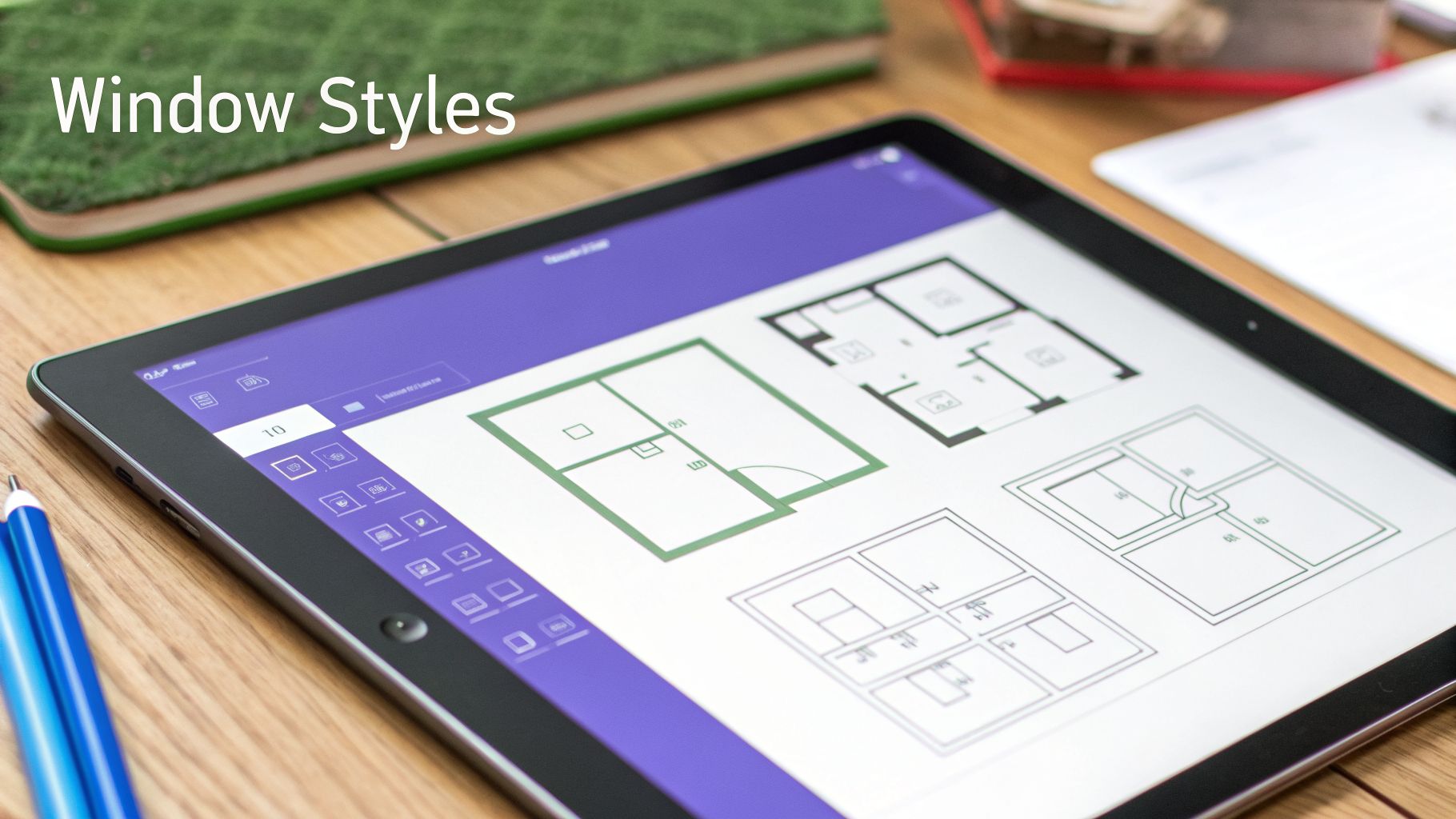 A tablet displays various floor plans, some with window styles, on a wooden desk.
