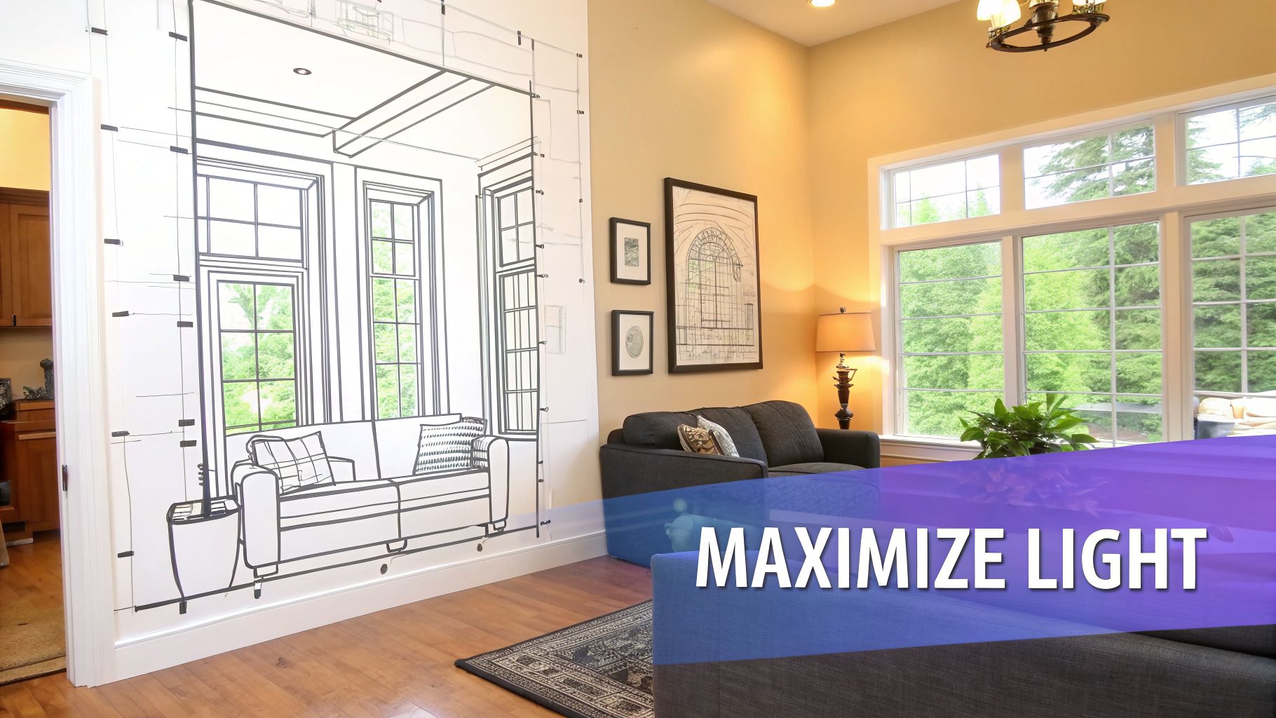 Living room with a unique wall drawing of a room, real sofa, large windows, and 'MAXIMIZE LIGHT' text.