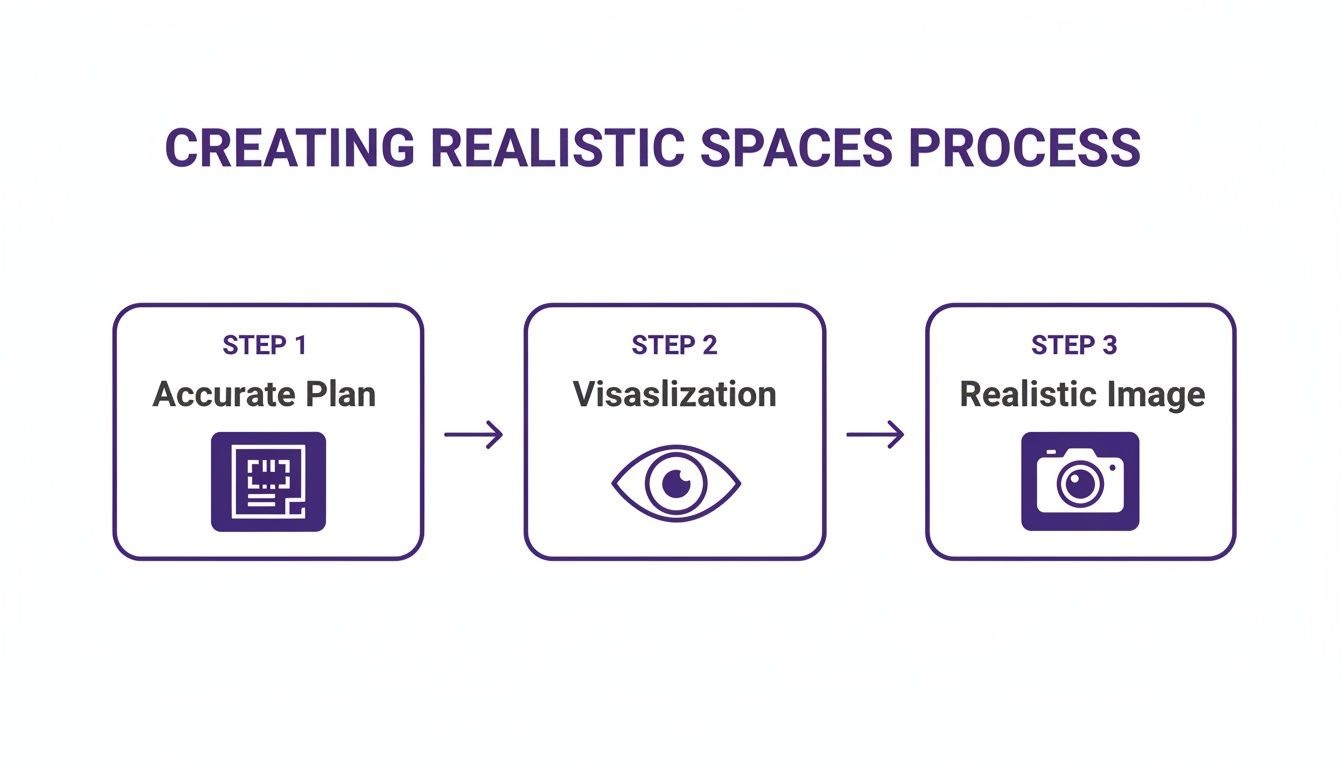 A three-step process diagram showing how to create realistic spaces: Accurate Plan, Visaslization (Visualization), and Realistic Image.