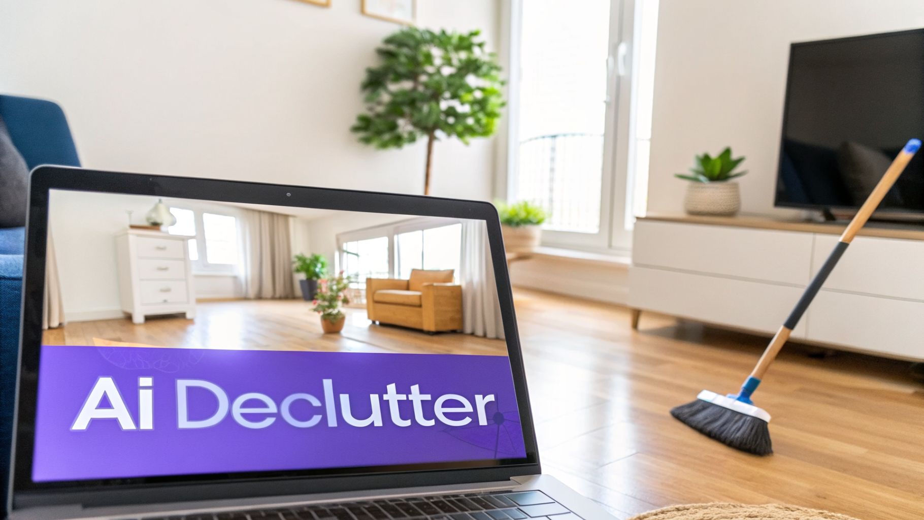 A laptop displays "Ai Declutter" over a cleaned room, with a broom in the background.