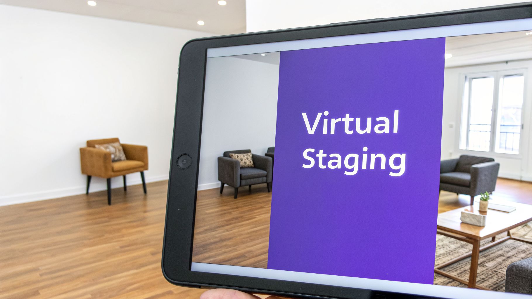 A tablet displaying 'Virtual Staging' text and a virtually staged room, contrasted with an empty room.