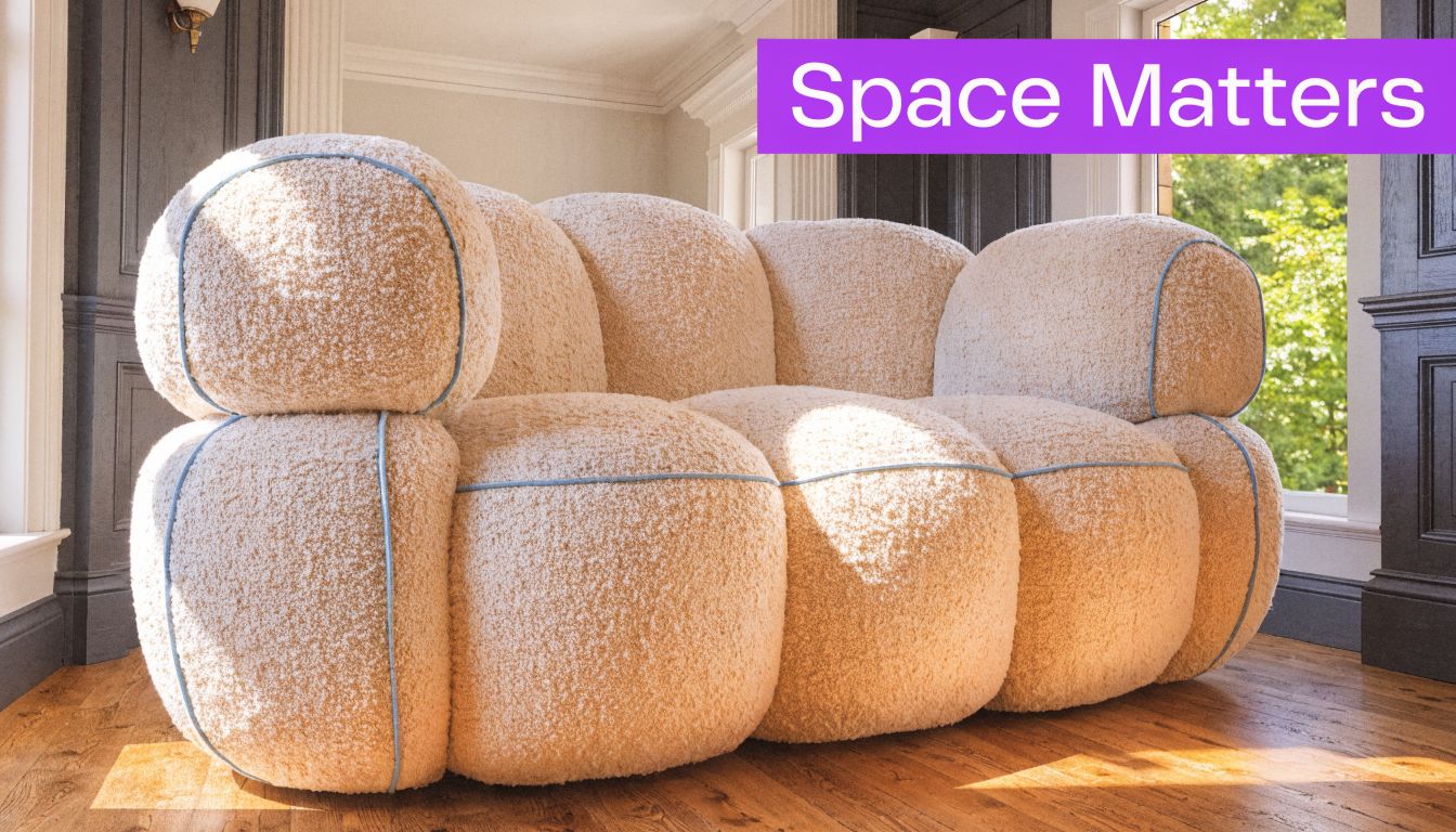 A plush, beige, modular-style sofa sits on a wooden floor in a bright, modern living space.