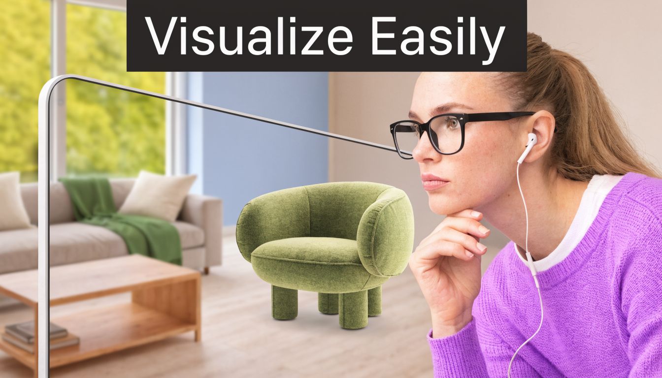 A woman wearing glasses and earphones visualizes a green armchair in a modern living room setting.
