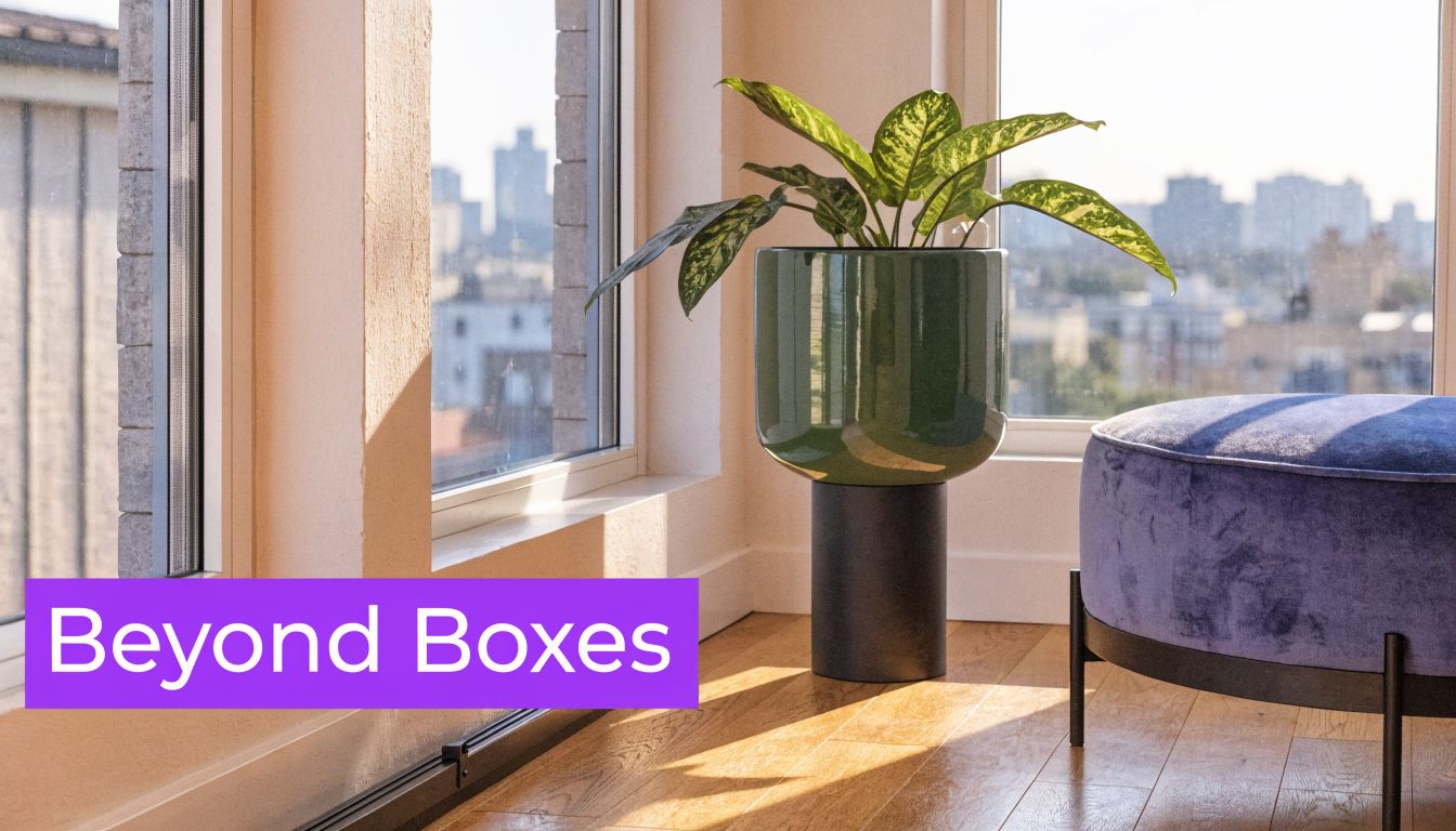 A green potted plant on a modern stand next to a purple velvet stool by a window.