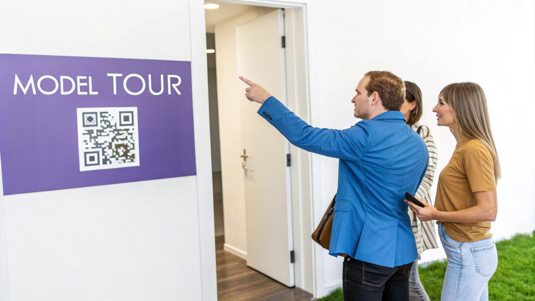 A man in a blue jacket points towards an open door during a model home tour with a woman.
