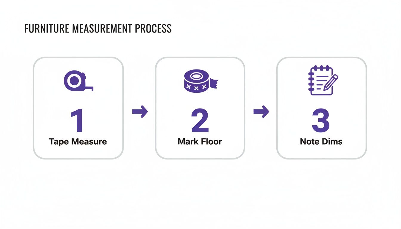 A three-step guide showing how to measure furniture: tape measure, mark floor, and note dimensions.