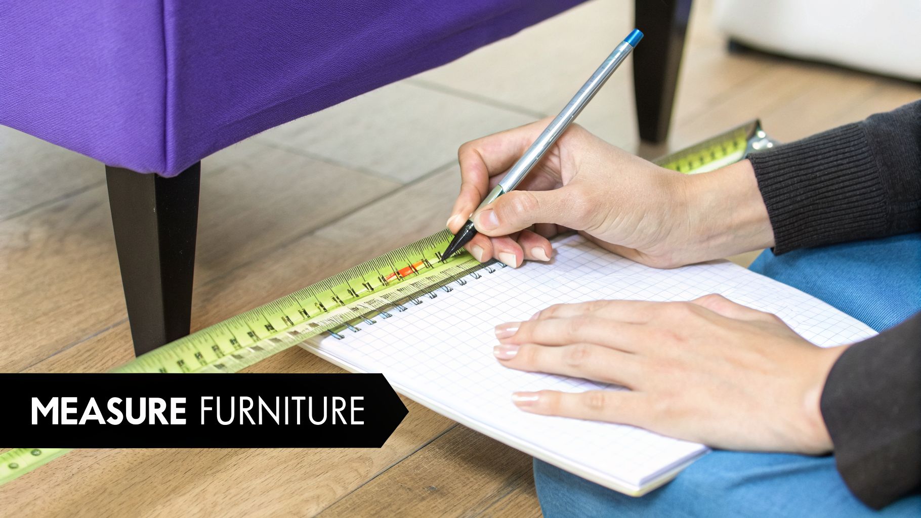 A person measures a purple furniture leg with a tape measure, writing the dimensions in a notebook.