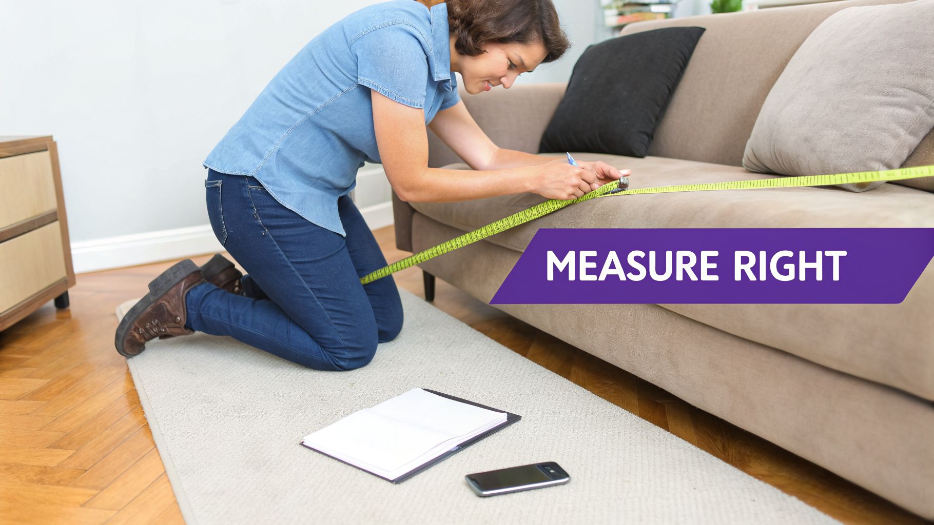 Woman kneeling on a rug, precisely measuring the width of a beige sofa with a yellow tape measure.