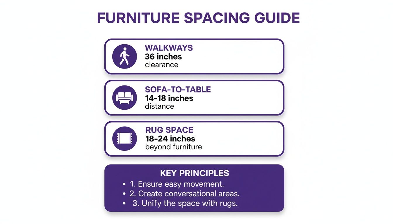 A furniture spacing guide illustrating recommended clearances for walkways, sofa-to-table distance, and rug placement.