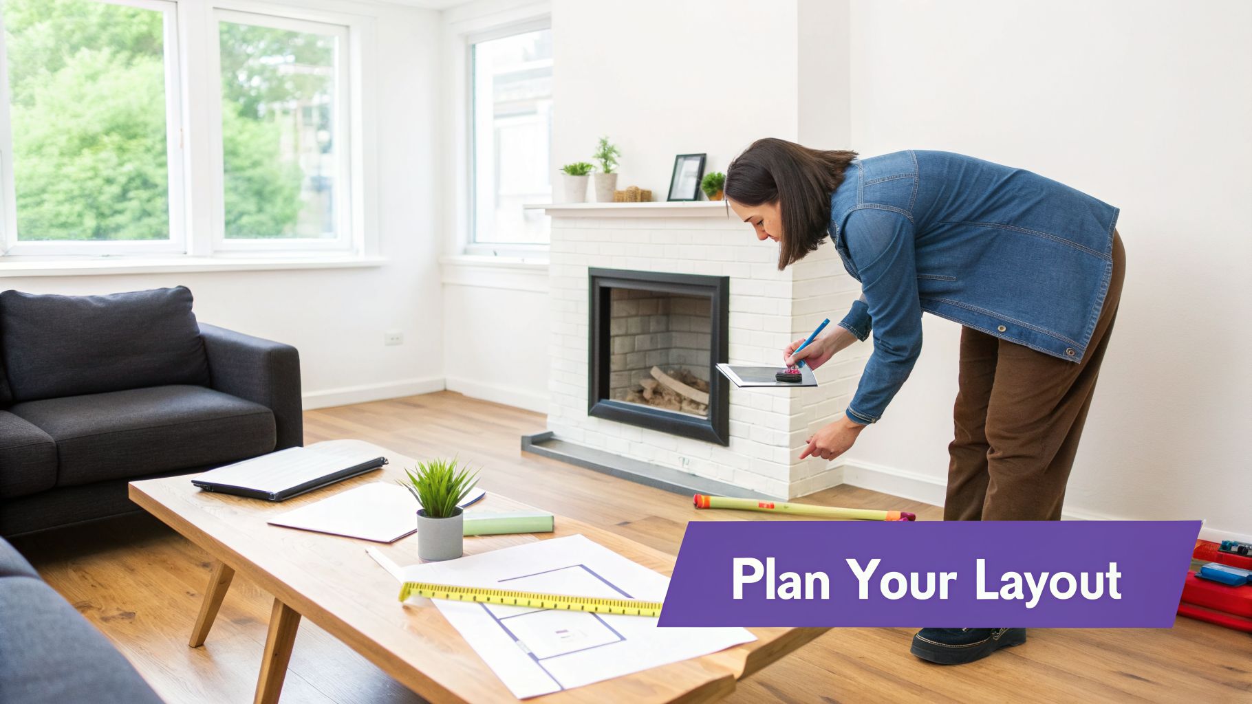 A person measures a fireplace with a tablet, while a floor plan and tape measure are on a coffee table.