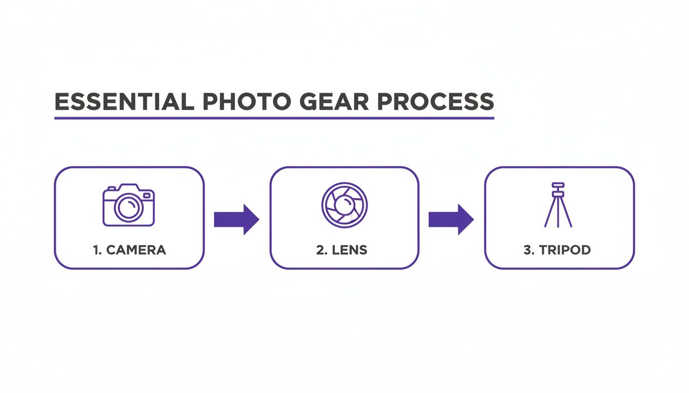 A flowchart illustrating the essential photo gear process, including camera, lens, and tripod.