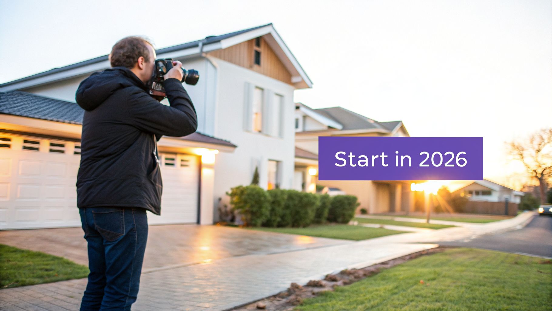 A man photographs modern suburban houses at sunset, featuring a 'Start in 2026' text overlay.