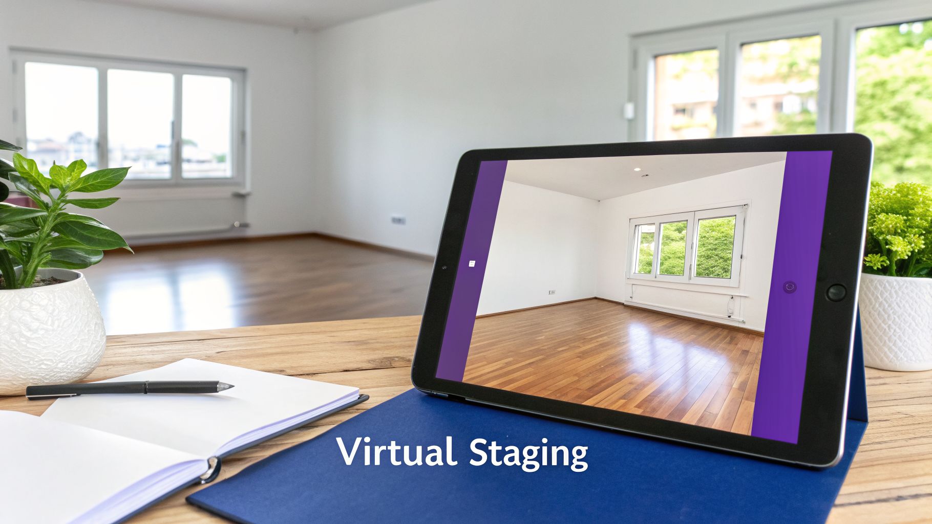 A tablet on a desk shows virtual staging of an empty room for real estate photography.