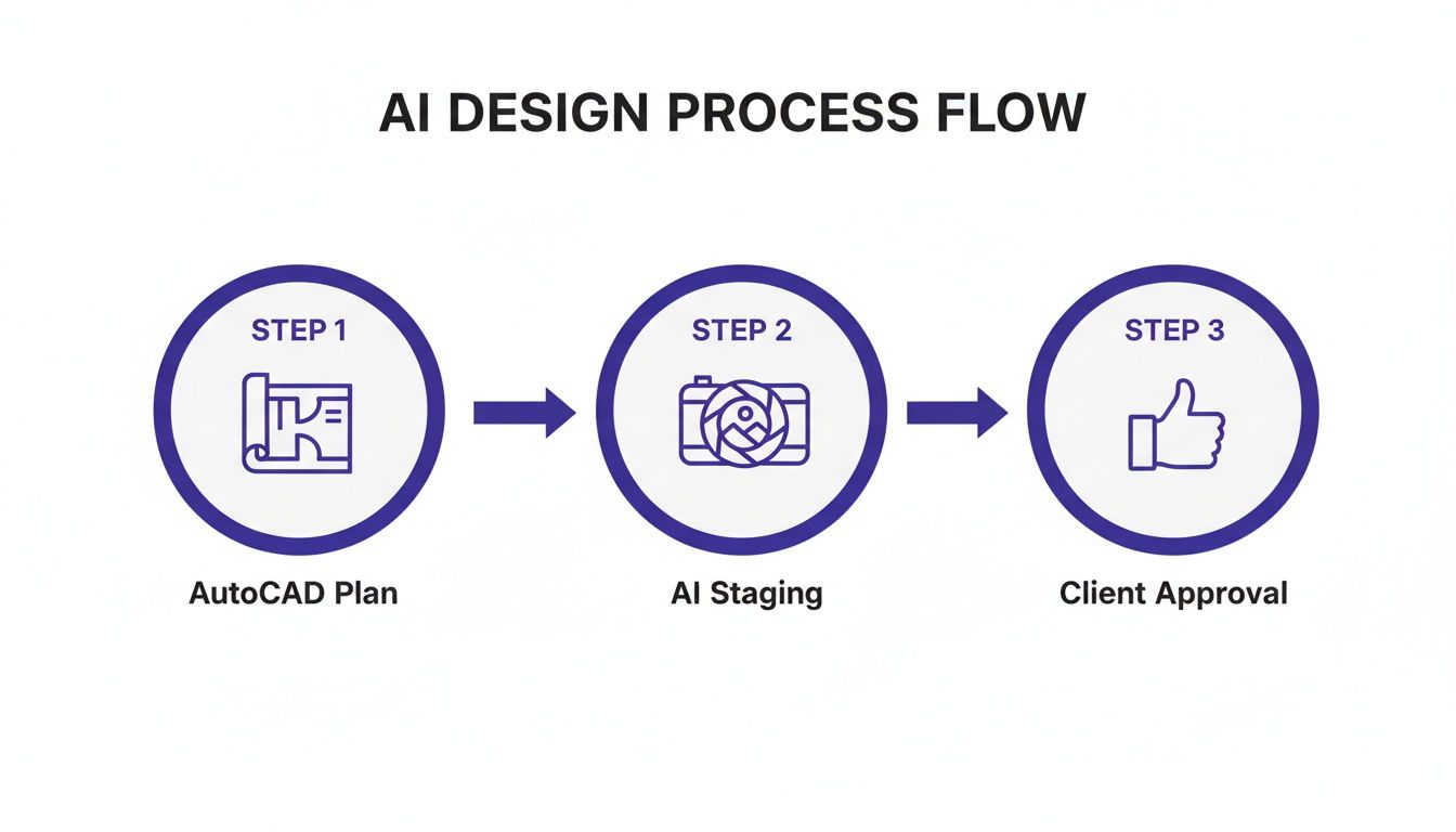 Flowchart illustrating the AI design process: AutoCAD plan, AI staging, and client approval steps.