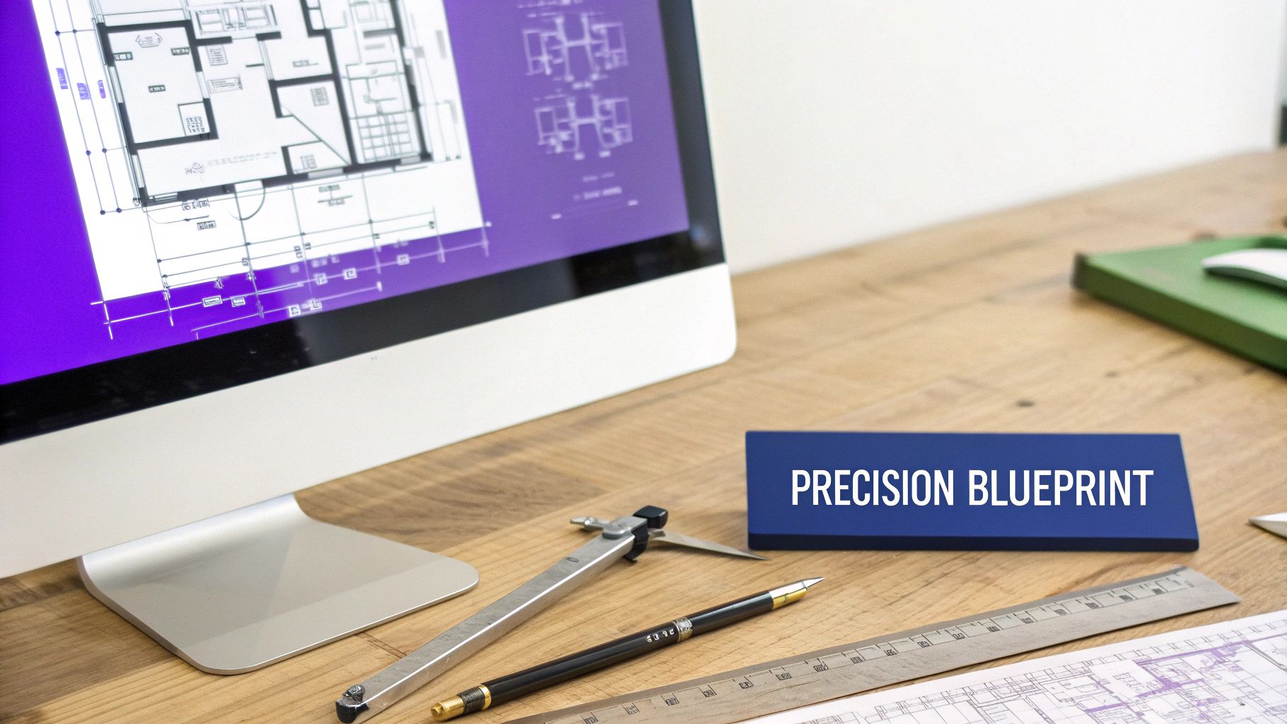 A computer monitor displays architectural blueprints next to drafting tools on a wooden desk with a 'Precision Blueprint' sign.