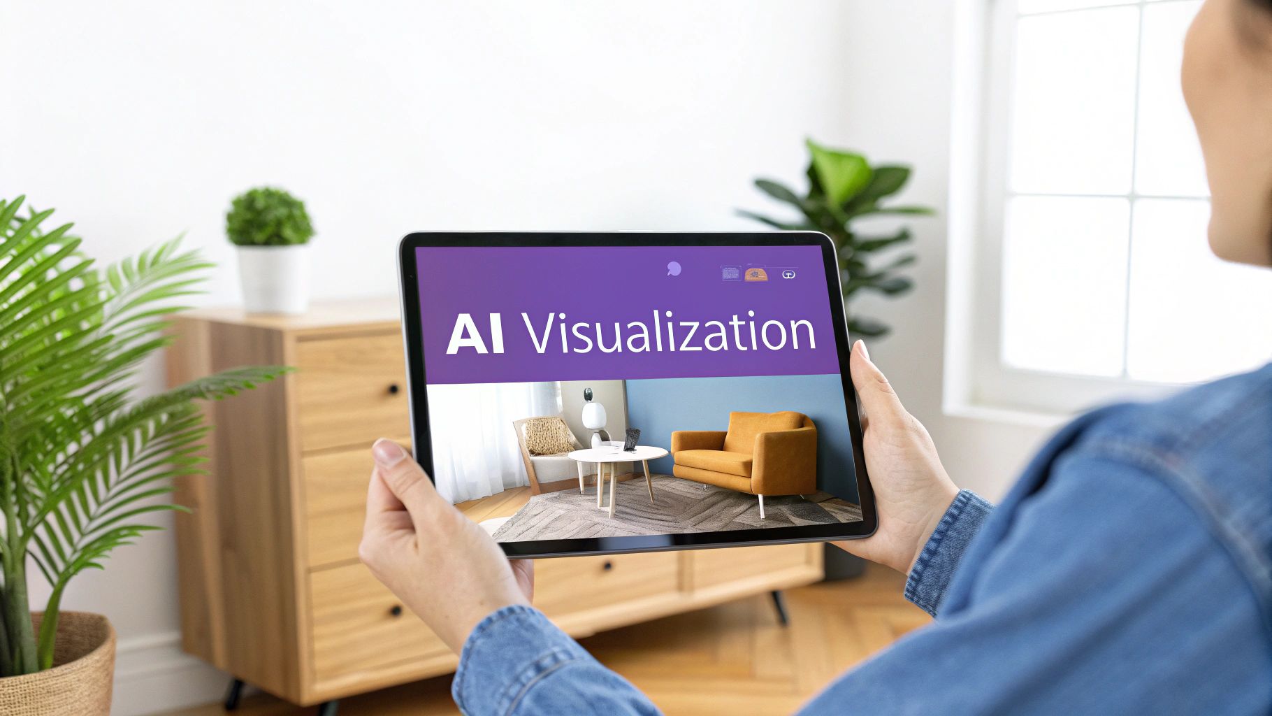 Hands hold a tablet showing an AI visualization of a living room design concept in a real room.