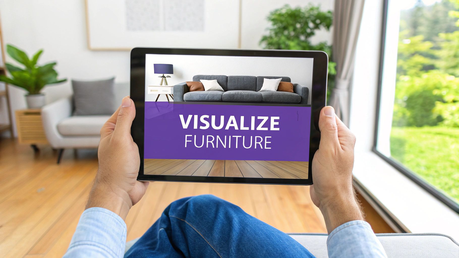 Hands hold a tablet showing an augmented reality app to visualize furniture in a modern living room.
