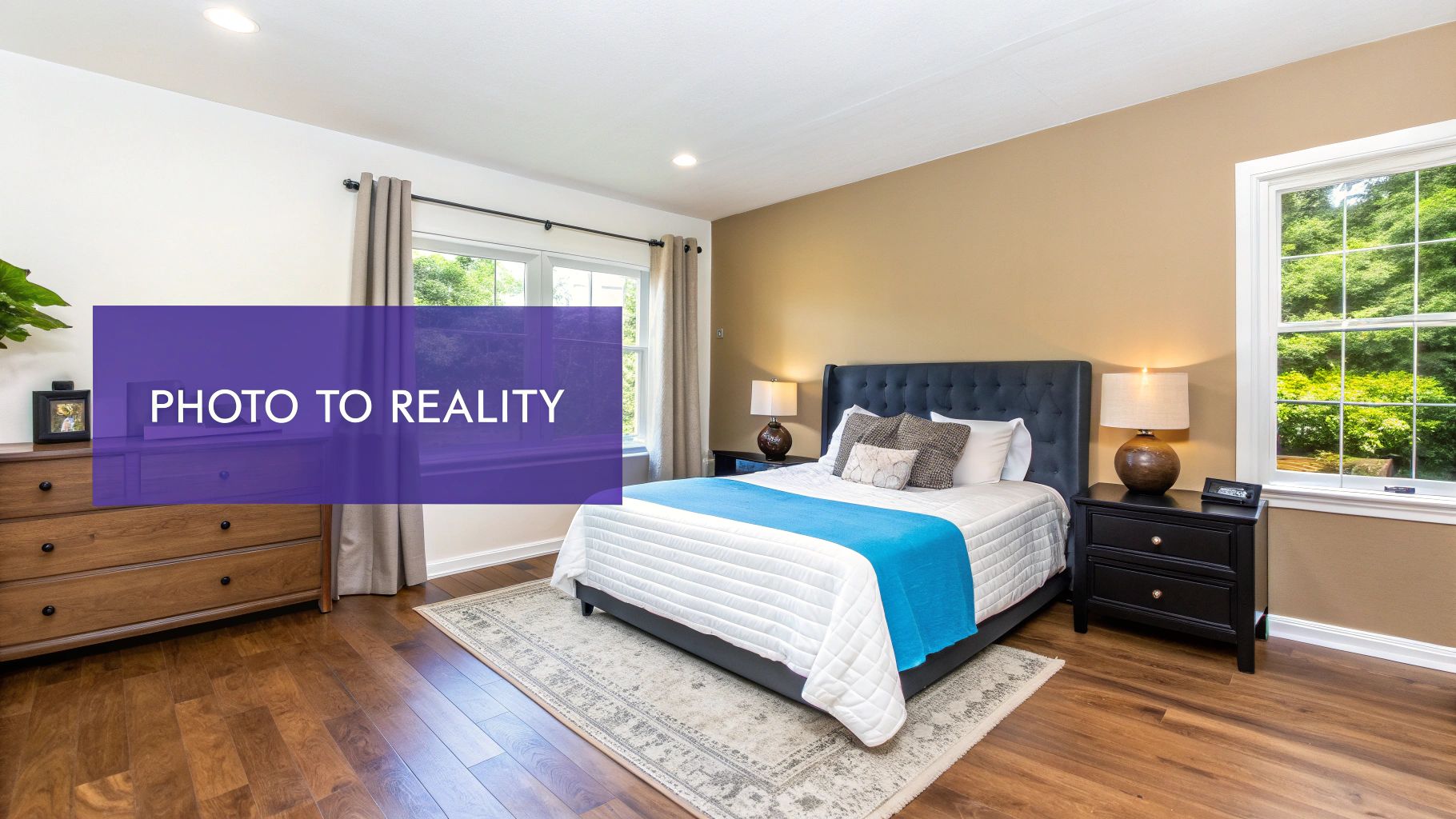 A modern bedroom with a dark blue bed, two nightstands, a wooden dresser, and bright windows.