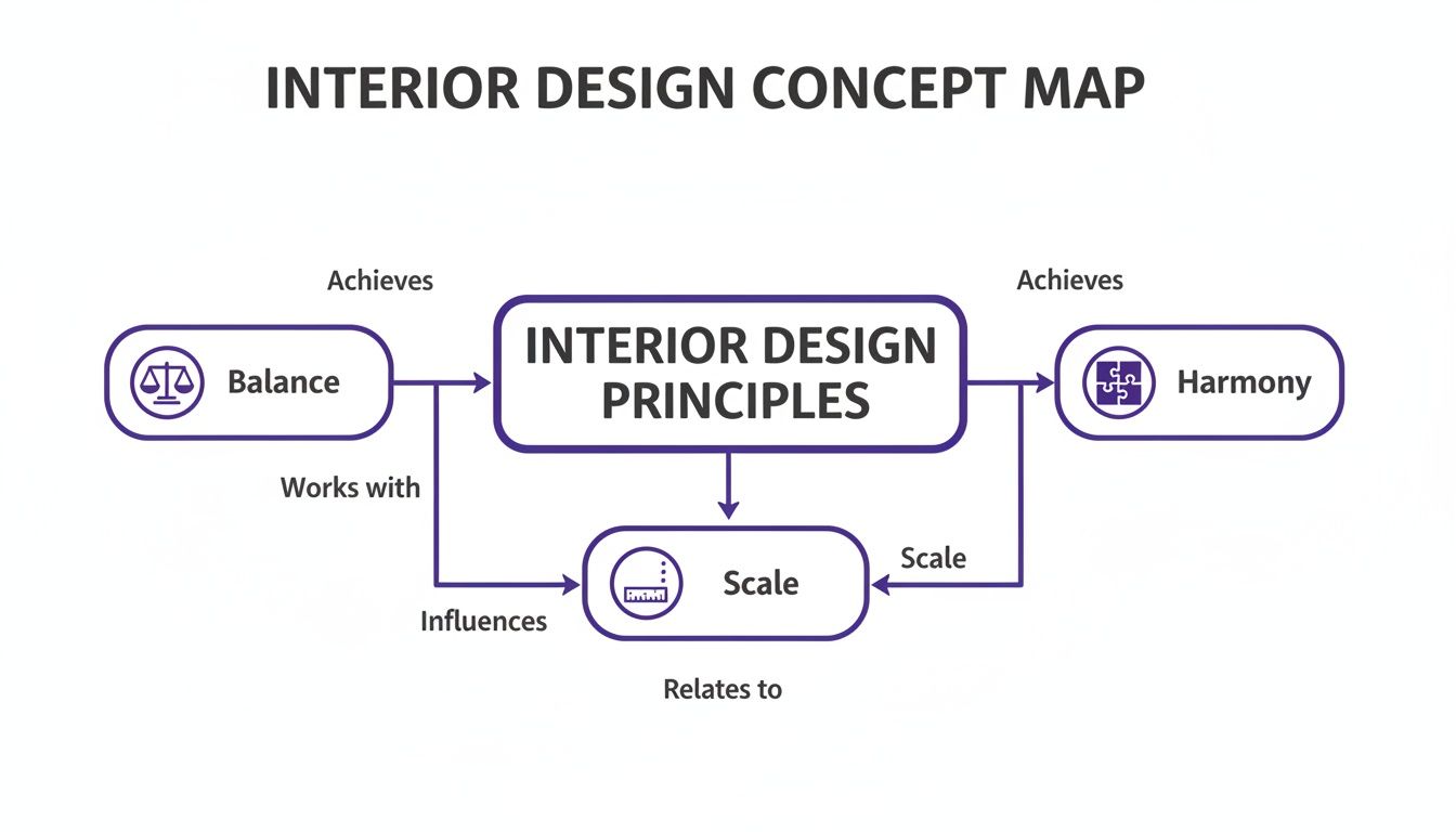 A concept map illustrates the relationships between interior design principles like balance, harmony, and scale.