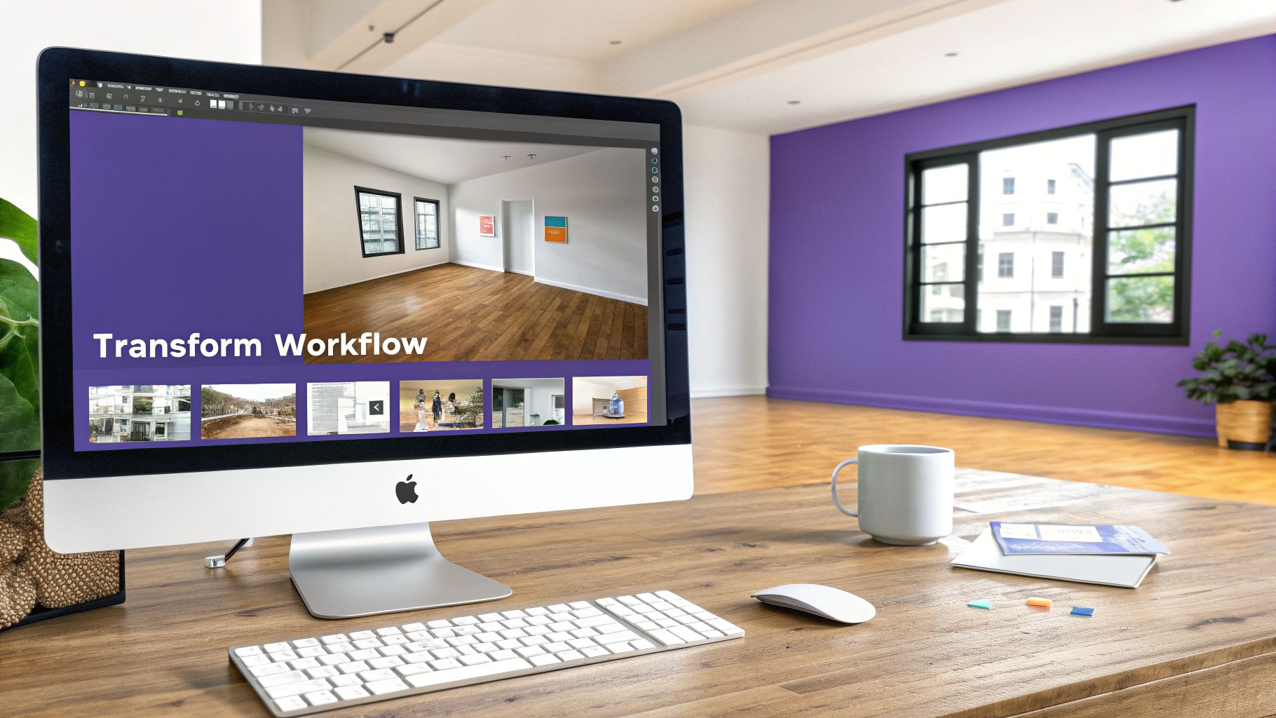 A desktop computer displaying 'Transform Workflow' interior design software on a wooden desk, with a purple room in the background.