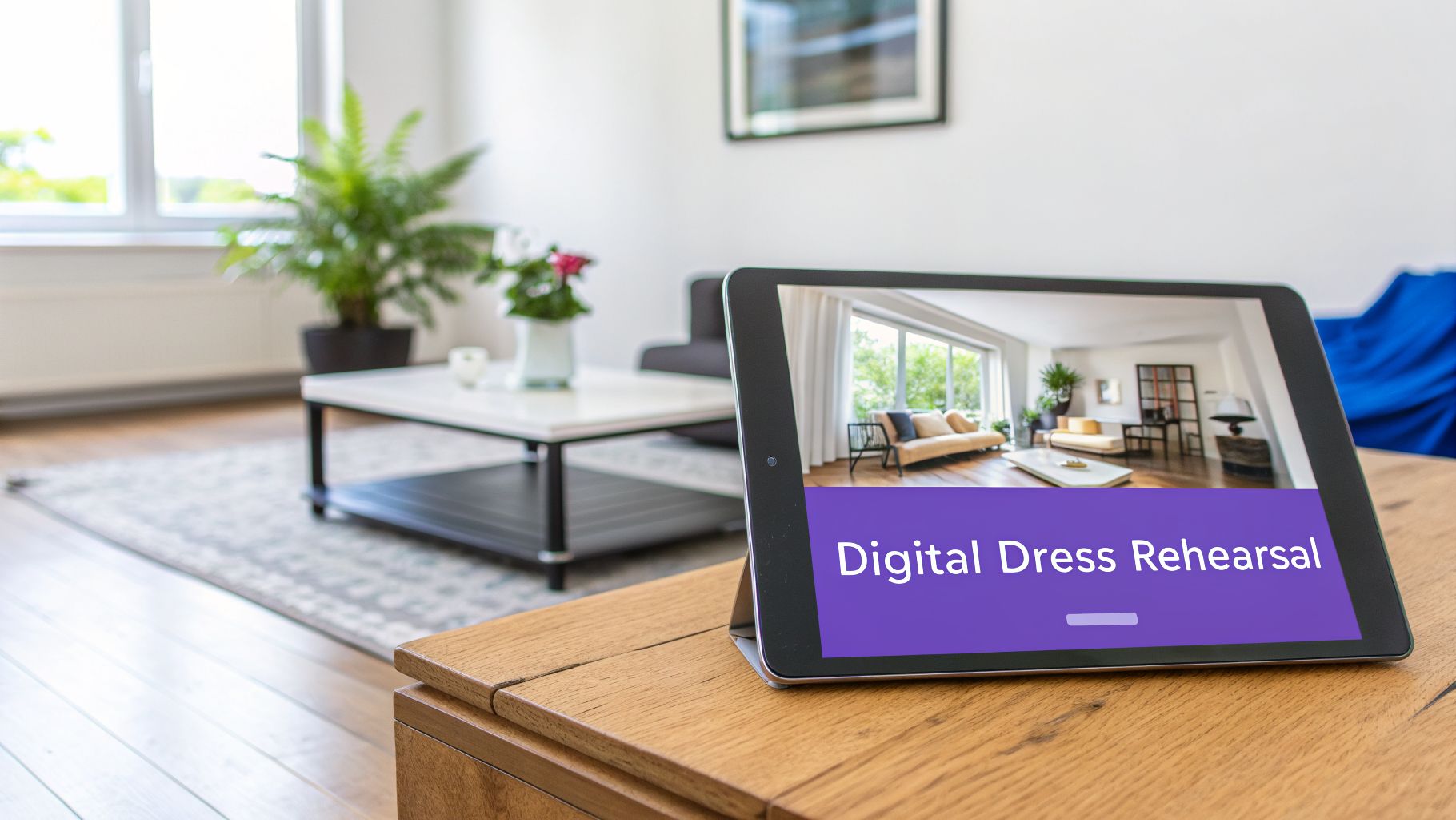 A tablet on a wooden table displays a virtual interior design rendering and "Digital Dress Rehearsal" text.