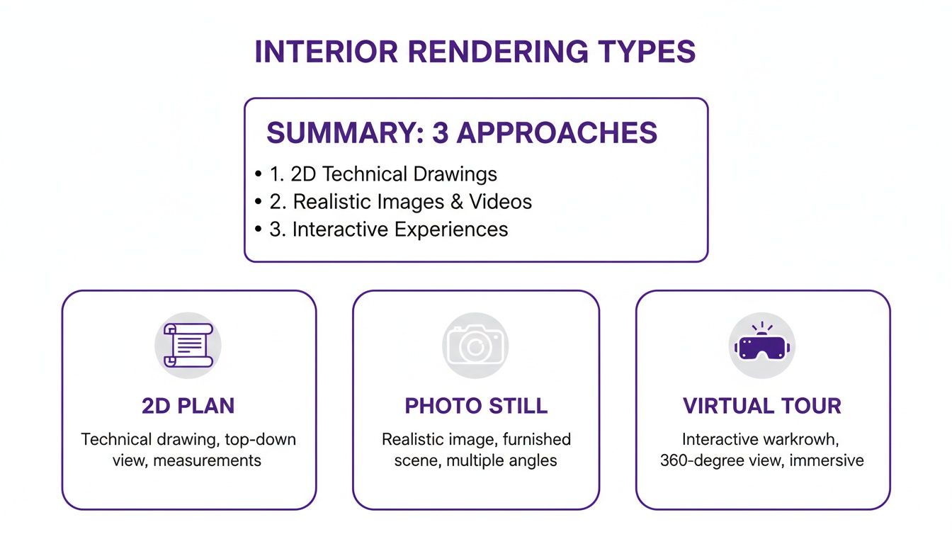 An infographic illustrating three main approaches to interior rendering: 2D plans, photo stills, and virtual tours.